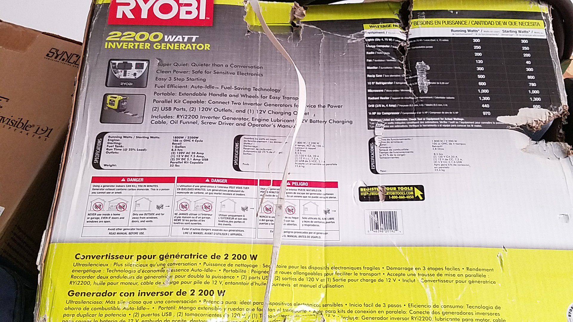 Ryobi 1800/2200 generator new in shabby box