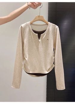 La Chapelle | Women Color Block Fake Two-piece Long Sleeve T-shirt xl
