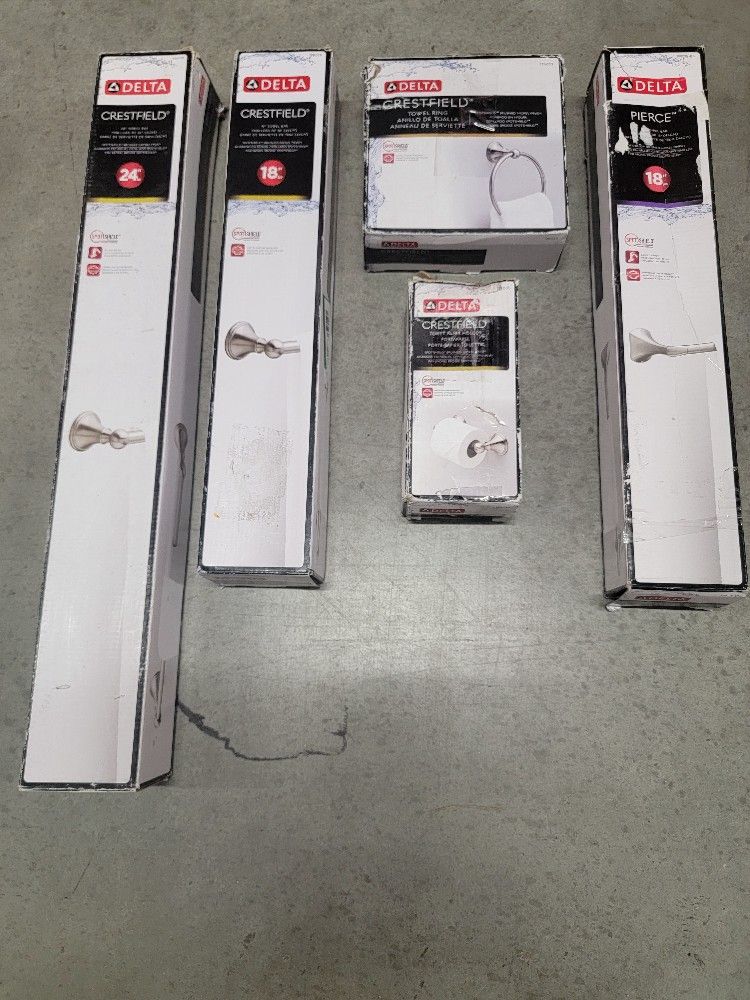 Mixed Lot of (5) DELTA bathroom Towel Bar, Rack, Holder, and Ring