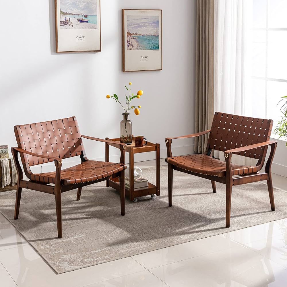 Set of Low Scandinavian Cognac Woven Leather Chair, Boho All