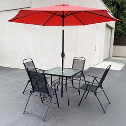 Brand New $140 Patio 6 Piece Outdoor Set with 32x32” Table, 4pc Folding Chairs and 10 FT Tilt Umbrella 