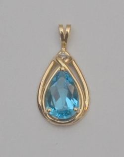 10K Yellow Gold Blue Topaz & Diamond Teardrop Pendant 2.1g P6