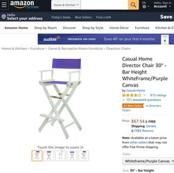 Casual Home Director Chair 30" - Bar Height WhiteFrame/Purple Canvas