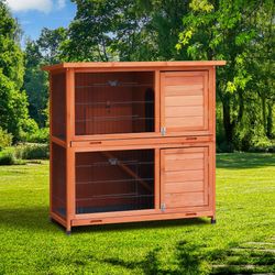 Rabbit Hutch Outdoor, 2-Story Rabbit Cage Indoor with Run, Bunny Cage with 2 Removable No-Leak Trays, Pet Cages with Non-Slip Ramp, Waterproof Roof, F