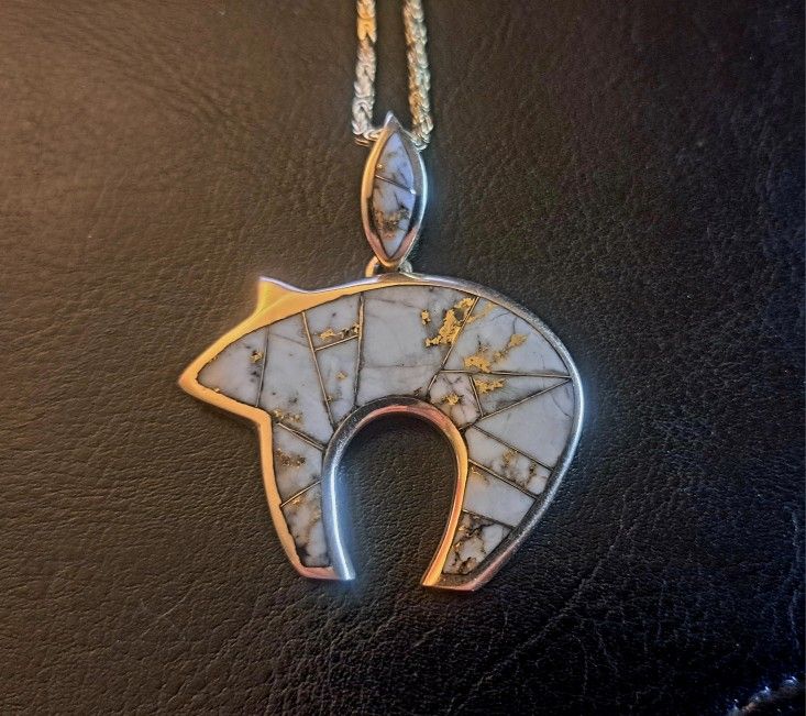 Massive 14k Yukon Gold Inuit Bear Quartz Matrix Pendant on 14k Byzantine 20 Inch Chain 