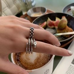 Set 2 925 Sterling Silver Women's Cuff Ring Band Adjustable Size Gift Rings 