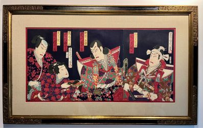 Original 19th C. Toyohara Kunichika Japanese Woodblock Print Triptych Framed