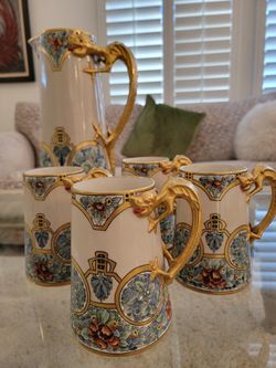 Lenox Belleek Dragon Pitcher With 4 Matching Mugs