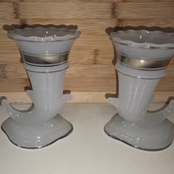 Candlestick Holder Cornucopia Or Horn Of Plenty With Silver Trim  Set Of 2 Vintage 