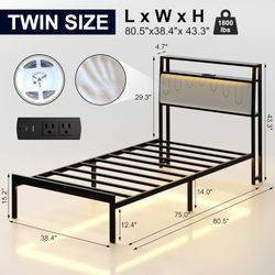 Twin Bed Frame with Upholstered Headboard LED Lights & Charging Station      