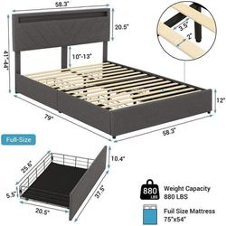 Full Size Bed Frame LED Lights Headboard&4 Storage Drawers LED Upholstered Platform Bed  (518-1)