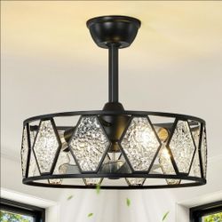 Crystal Ceiling Fans with Lights: 19 inch Black Caged Fandelier