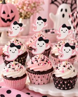 Halloween Ghost Cupcake Toppers Pink Black Bows Set of 12