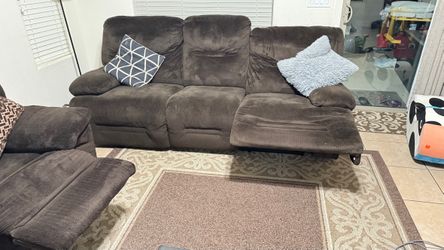 Dark Brown Reclining Sofa Set — Two 3-Seat Manual Recliners + Storage Ottoman — Wayfair