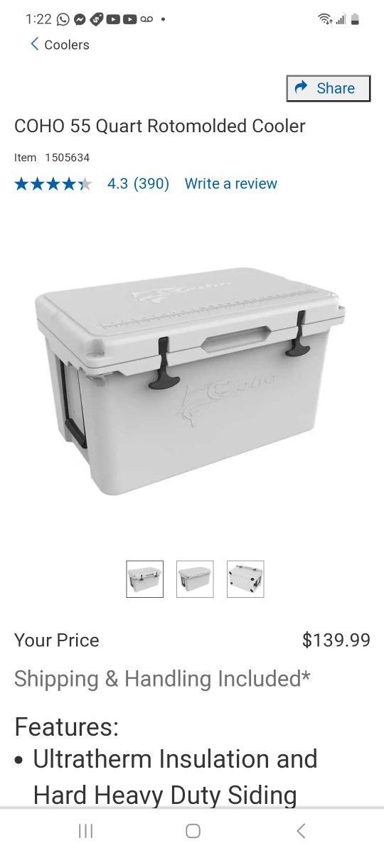 COHO 55 Quart Rotomolded Cooler $90