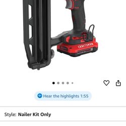 Craftsman V20 Cordless Finish Nailer Kit, Nail Gun, 16ga, 2-1/2 Nails, ( Cmcn616c1)