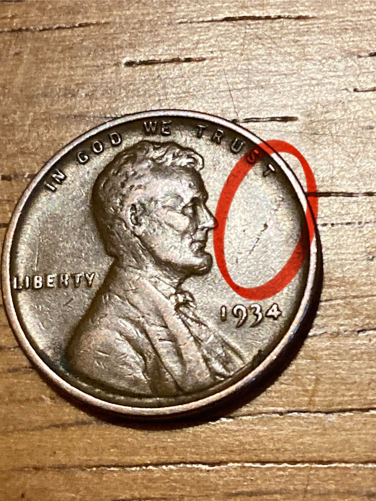 1934 Wheat Cent With Lamination Error