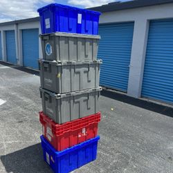 $80 for all 6! Heavy duty! Hinged Lids Plastic Shipping Storage Tote Bins! Good condition, the two smaller ones have some damage see pics.  (4) 28x21x