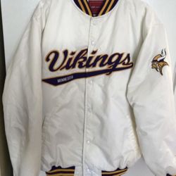 Minnesota Vikings Full-Snap Reebok White Nylon Outer/Satin Lined Jacket Men’s Size Large 
