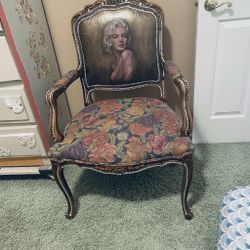 Vintage Hand-Painted Marilyn Monroe Accent Chair – Custom Upcycled French Provincial Armchair with Rhinestone Details and Floral Tapestry Seat