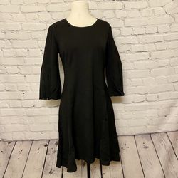 H by Halston Ponte Fit & Flare Black Dress w/ Pleated Sleeves Size Petite 4 New