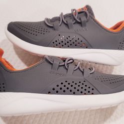 Crocs 206011 Gray Orange Sneakers Unisex Kids 11 Flat Lace Up Logo