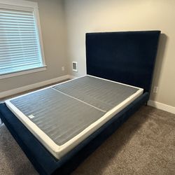 Modern Blue Velvet Bed With Brass Legs 