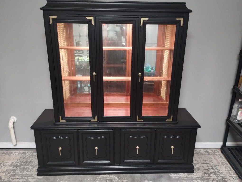 Refinished Vintage Black China Cabinet 