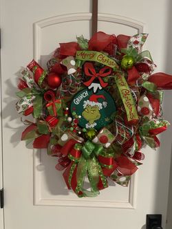 Grinch Christmas Wreath with Ribbons and Ornaments