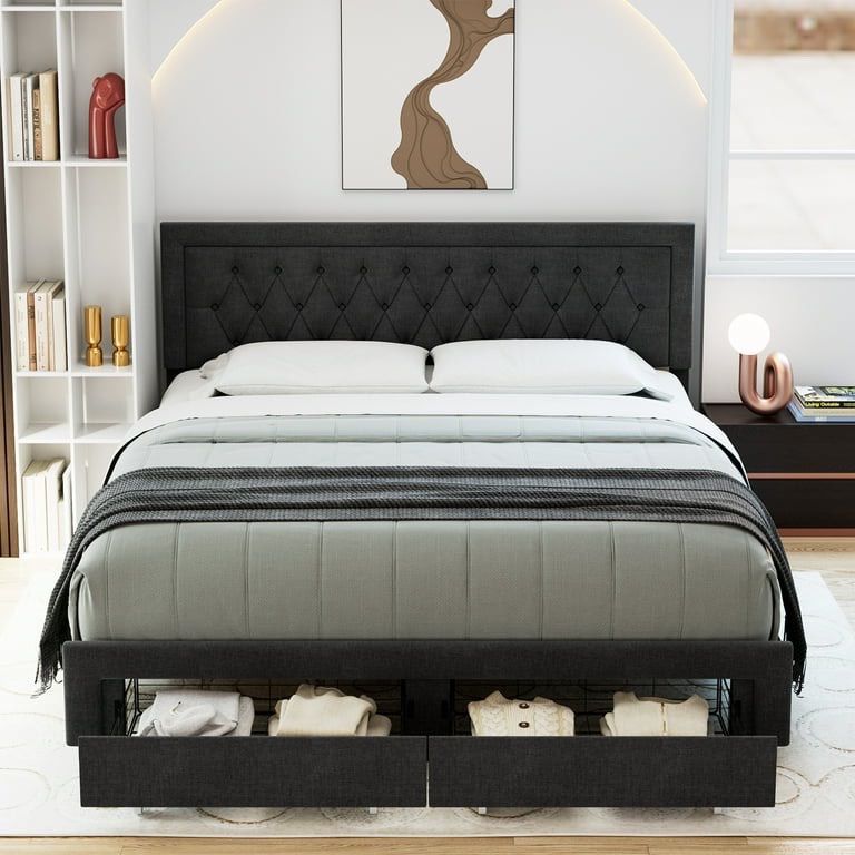 King size 2 Drawer Bed Frame, Linen Upholstered Platform Bed with Adjustable Button Tufted Headboard, Dark Gray