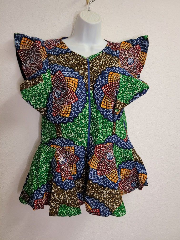African Ankara Peplum Top Blouse embellished rhinestones multicolored sz 10/12