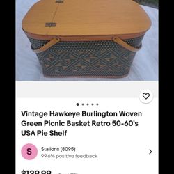 Vintage Hawkeye Burlington Woven Green Picnic Basket 