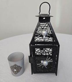 Spider Web Lantern Candle Holder With Candle Cup Black Metal Halloween 8"