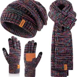 Winter Beanie Hat Scarf Gloves Set 
