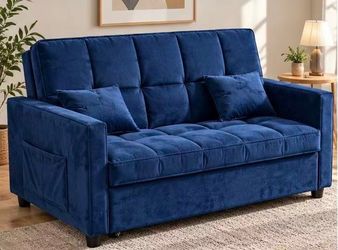 New Blue Velvet Convertible Sofa Bed – 2-Seater Sleeper Couch