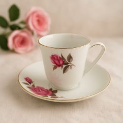 Chinese 1960s Pink Rose Gold Rim Demitasse Cup & Saucer