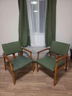 Pair of Mid-Century Wood Armchairs Green Vinyl