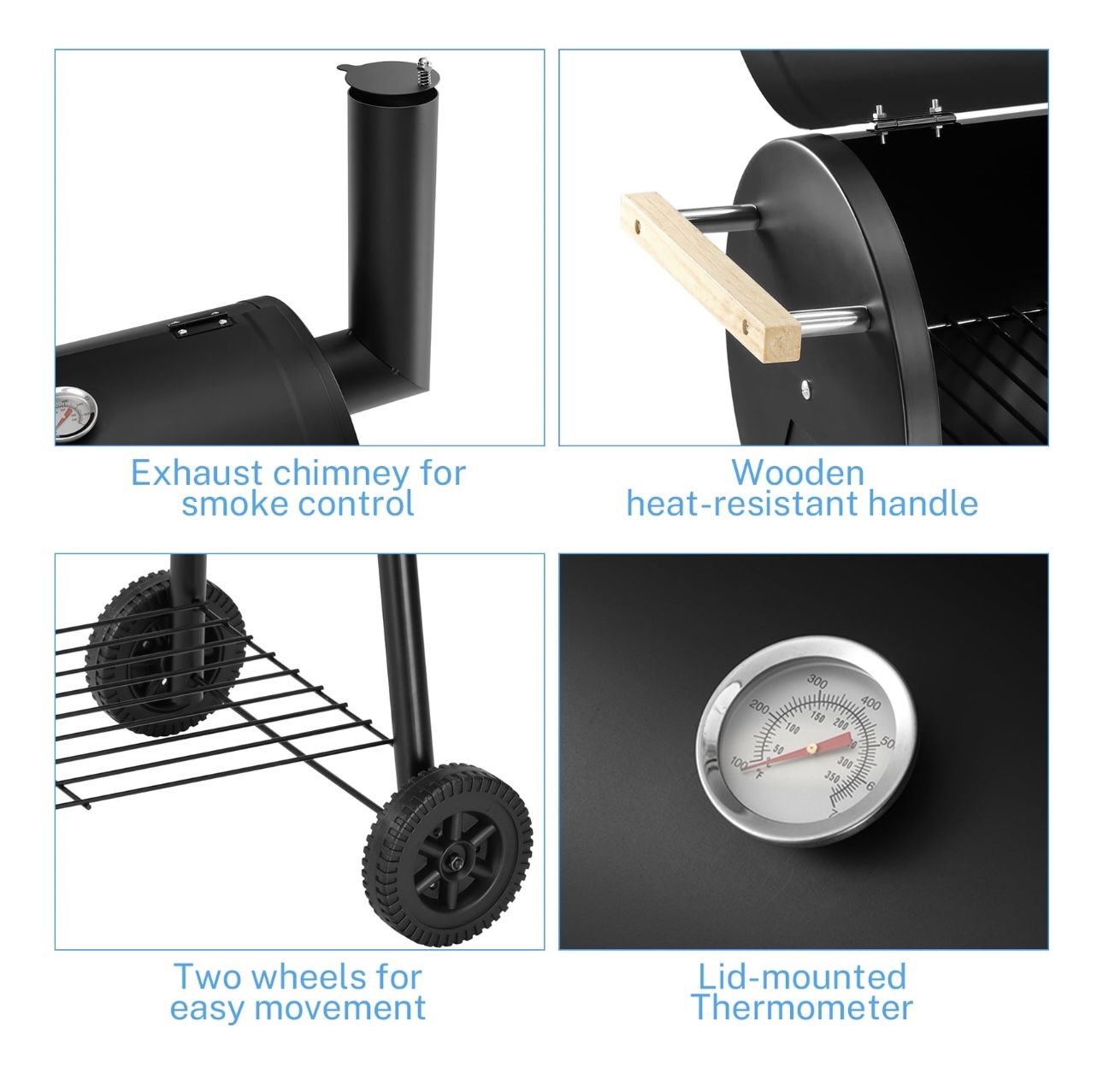 BBQ Charcoal Grill, 45.28 Inch Length Portable Barbecue Grill, Offset Smoker Barbecue Oven with Wheels & Thermometer for Outdoor Picnic Camping Patio