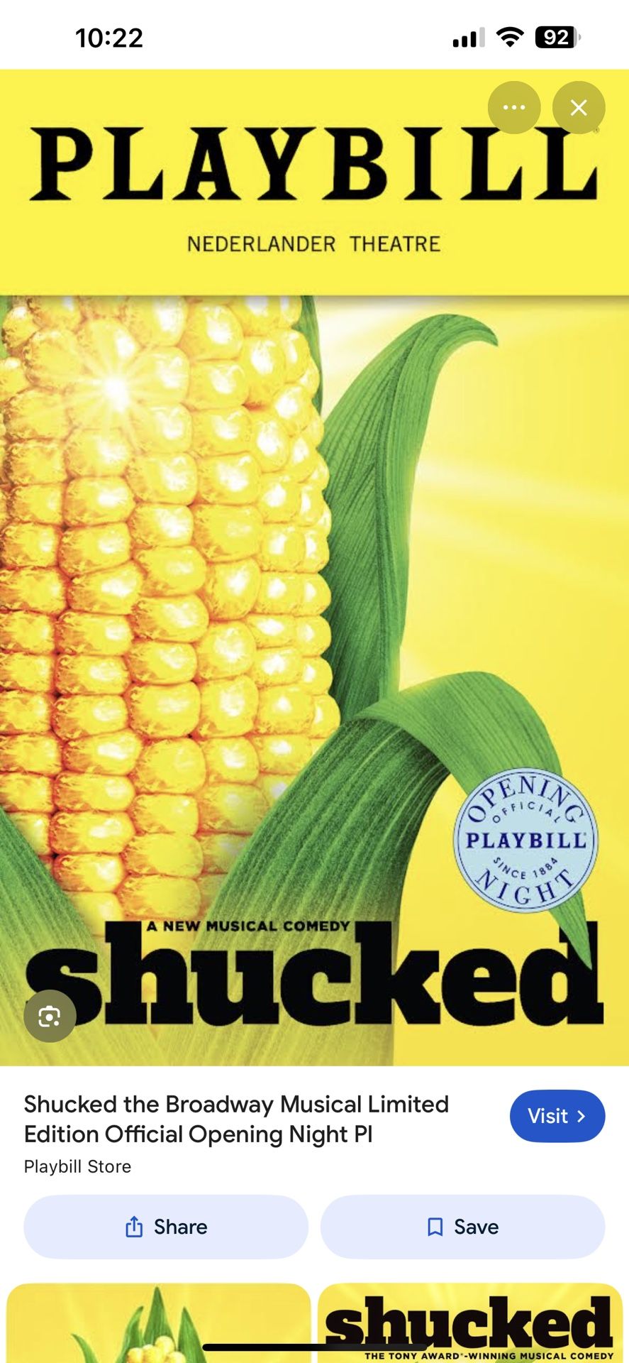 SHUCKED OFF BROADWAY TWO TICKETS TONIGHT