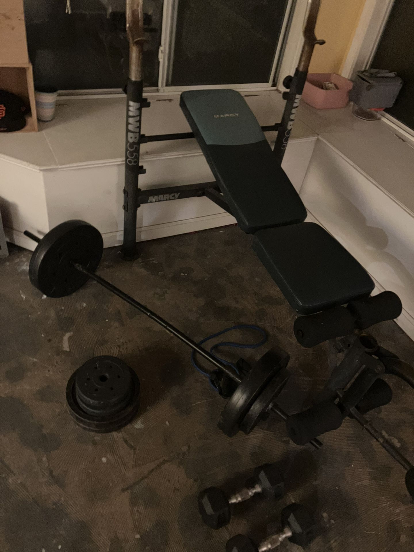 Bench Press, Barbells, Dumbbells, Theraband.