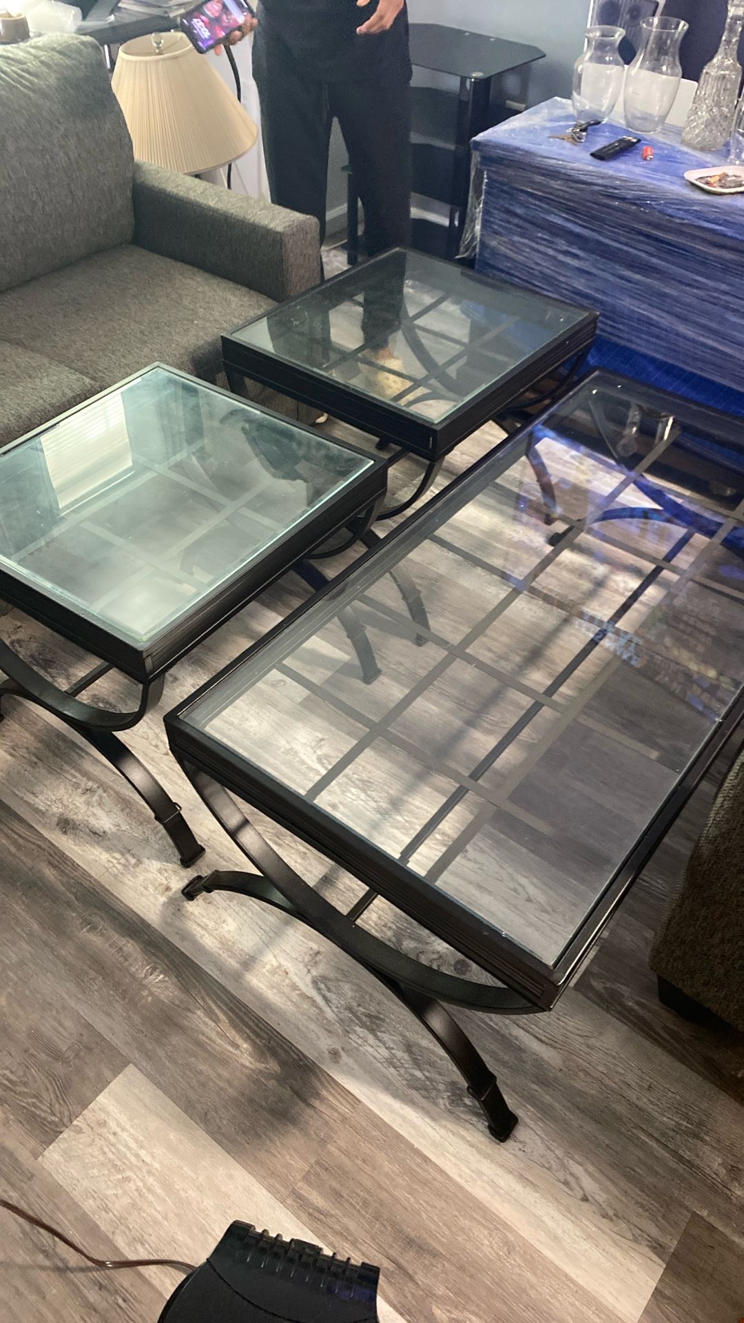 Black Iron Glass Tables W/ End Tables