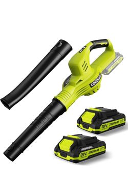 Soplador de hojas inalámbrico, potente soplador eléctrico de hojas de 21 V con 2 baterías y cargador, 2 modos de velocidad, sopladores de hojas ligero
