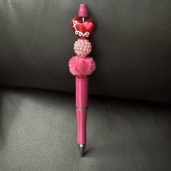 Handmade Pink Ballpoint Pen with Decorative Beads and Pom Pom
