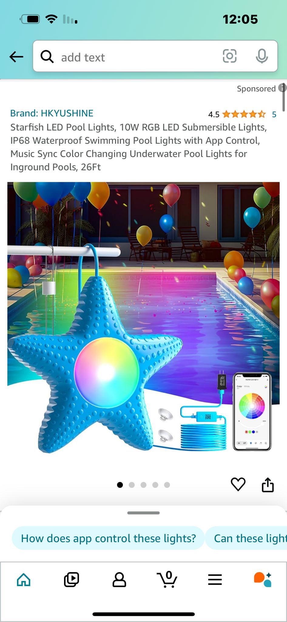 Starfish LED Pool Lights, 10W RGB LED Submersible Lights, 1P68 Waterproof Swimming Pool Lights with App Control, Music Sync Color Changing Underwater