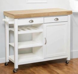 New White Storage Mobile Kitchen Island Cart with Butcher Block Top