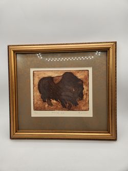 Signed numbered framed print "Musk Ox" 17/100 by B. Long 13 x 12" art