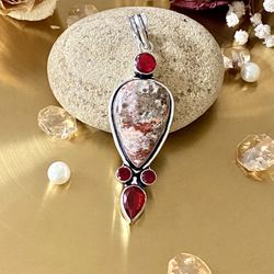 Leopard Skin Jasper And Garnet 925 Sterling Silver Overlay Handcrafted Pendant