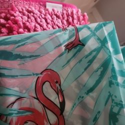 Brand NEW flamingo Shower Curtain And Fushia Bath Rug 