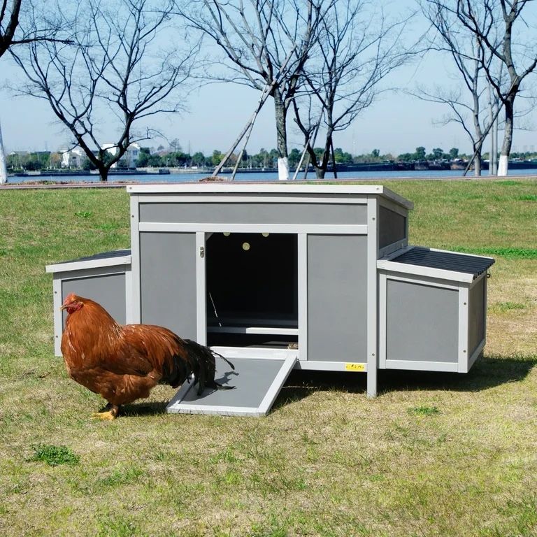 Wooden Chicken Coop with Removable Tray and 2 Nesting Boxes for 4-6 Chickens, Dark Grey