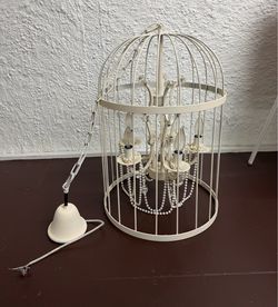 White Birdcage Chandelier with Pearls and Crystal Accents